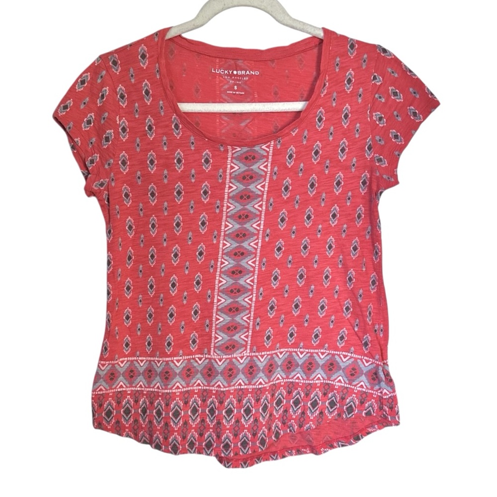 Lucky Brand Women’s Sz S Aztec T Shirt Top Cotton Blend Scoop Neck Short Sleeve